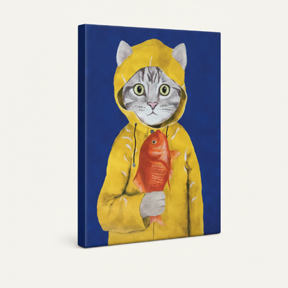Gallery-wrapped funny cat in raincoat canvas shown at angle on off-white background