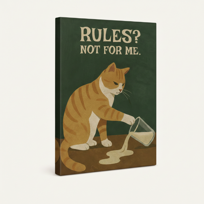 Gallery-wrapped funny cat retro poster canvas shown at angle with visible thick wrap-around edges
