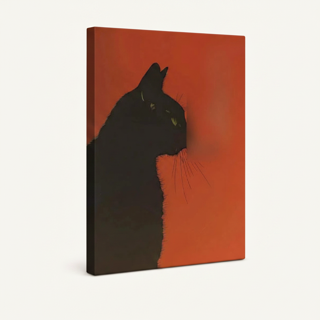Gallery-wrapped canvas side view showing black cat art print with wrapped terracotta edges on white background
