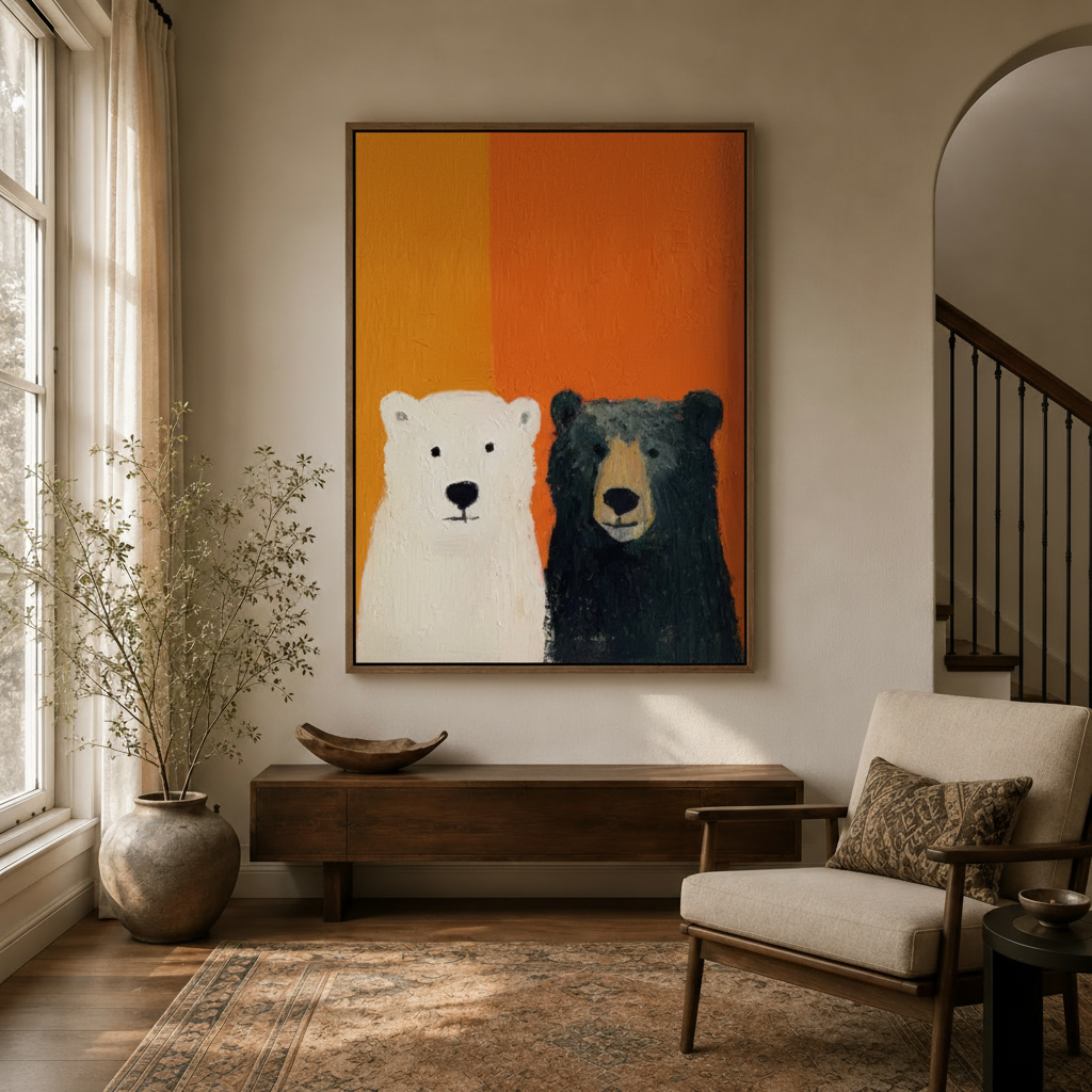 Expressionist bear canvas wall art hanging above a wooden console in a warm neutral entryway