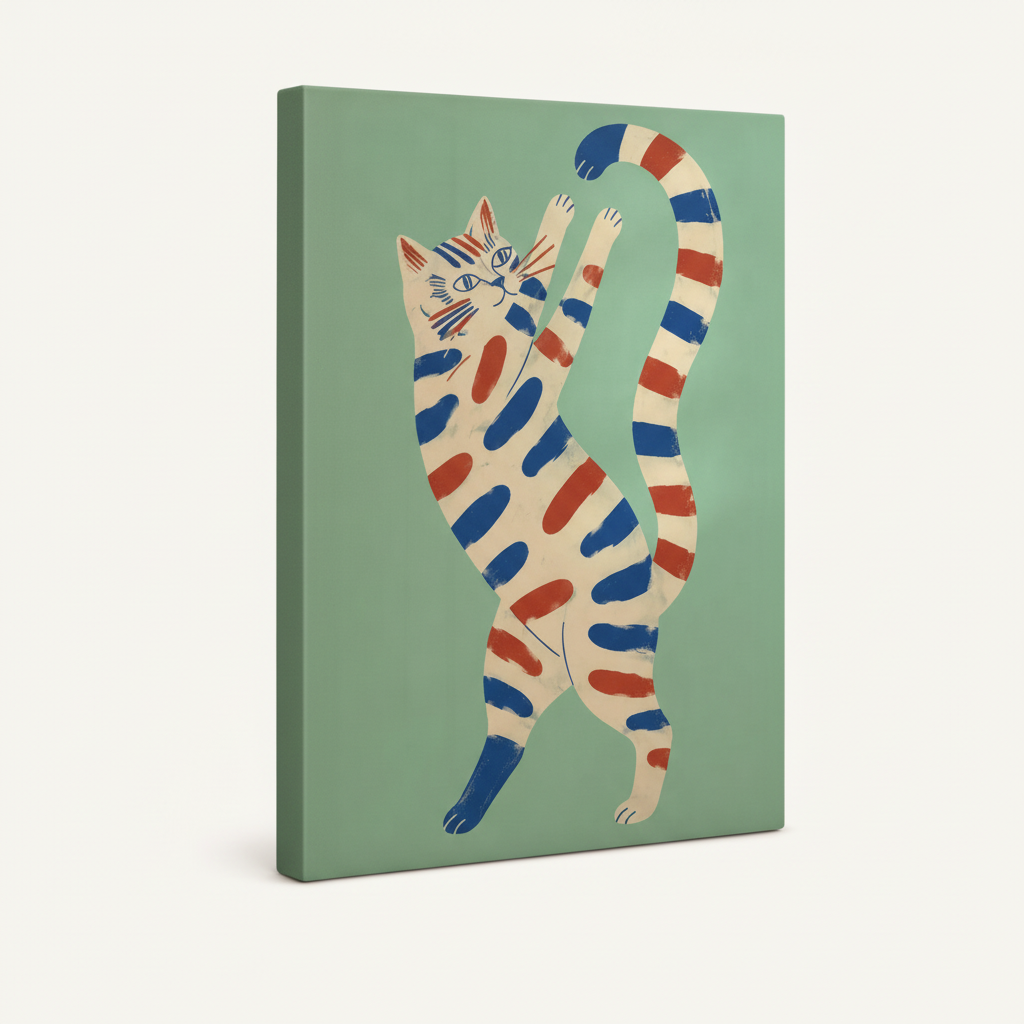 Gallery-wrapped canvas side view of bold striped dancing cat print showing mint green wrapped edges