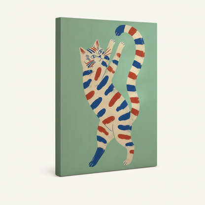 Gallery-wrapped canvas side view of bold striped dancing cat print showing mint green wrapped edges