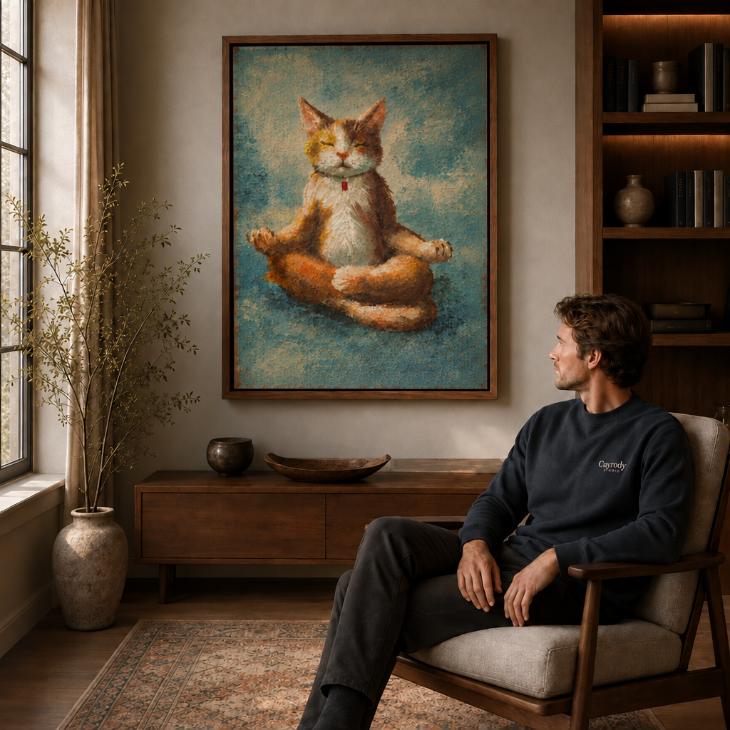 Serene orange-and-white cat canvas art above a seated viewer in a cozy chair with bookshelves nearby.