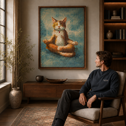 Serene orange-and-white cat canvas art above a seated viewer in a cozy chair with bookshelves nearby.