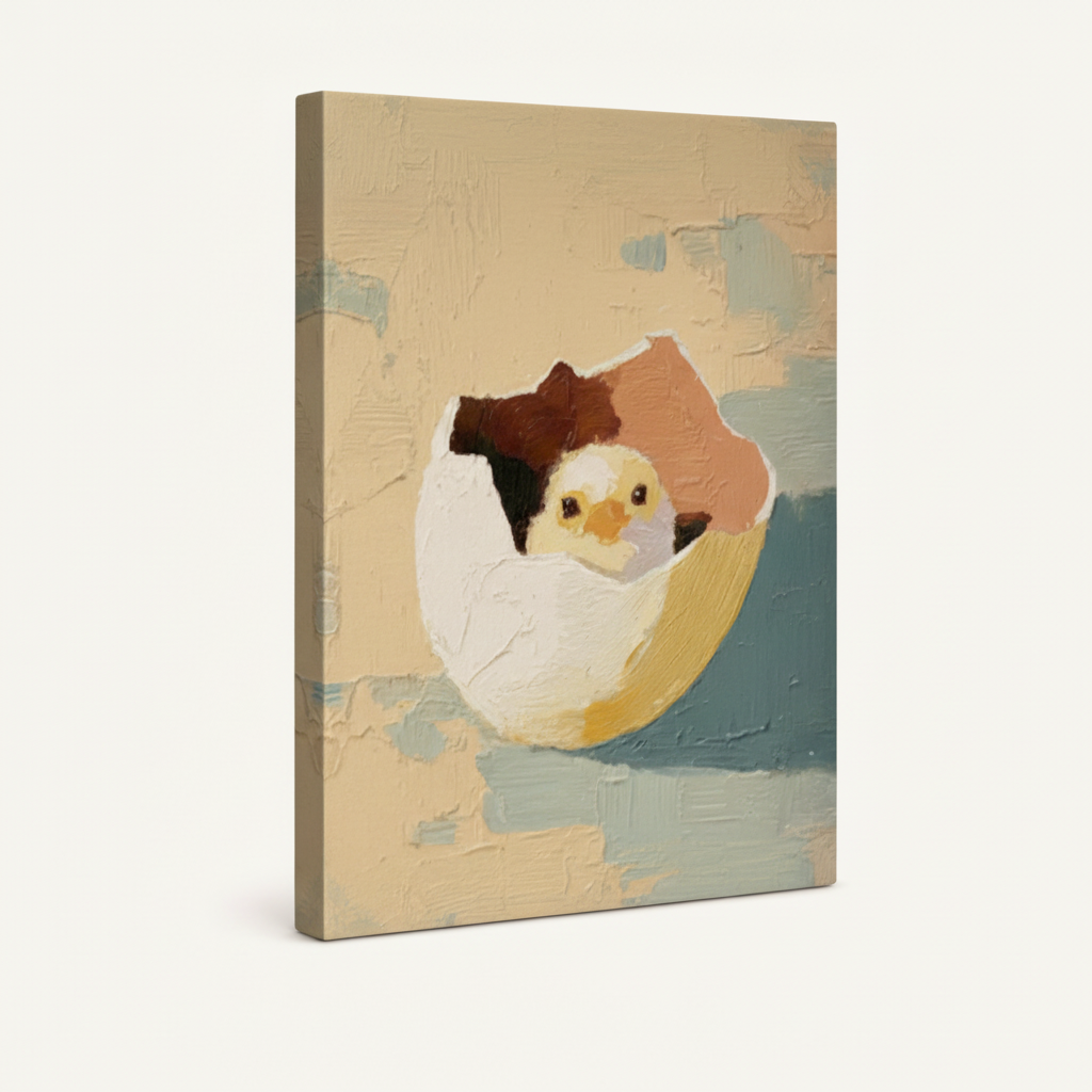 Framed hatching chick oil painting canvas angled side view showing thick textured brushwork and warm tones