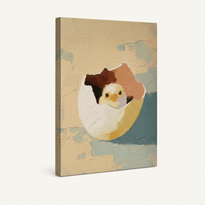 Framed hatching chick oil painting canvas angled side view showing thick textured brushwork and warm tones