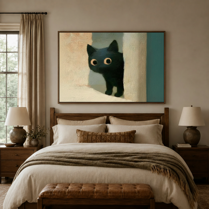 Vintage-style black cat canvas art above a wood bed in a warm transitional bedroom