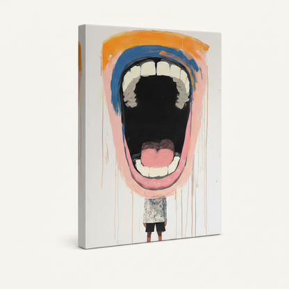 Gallery-wrapped canvas side angle view of abstract scream art print showing wrapped white edges and bold composition