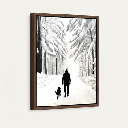 Angled view of framed man and dog winter forest canvas with dark walnut float frame on white background