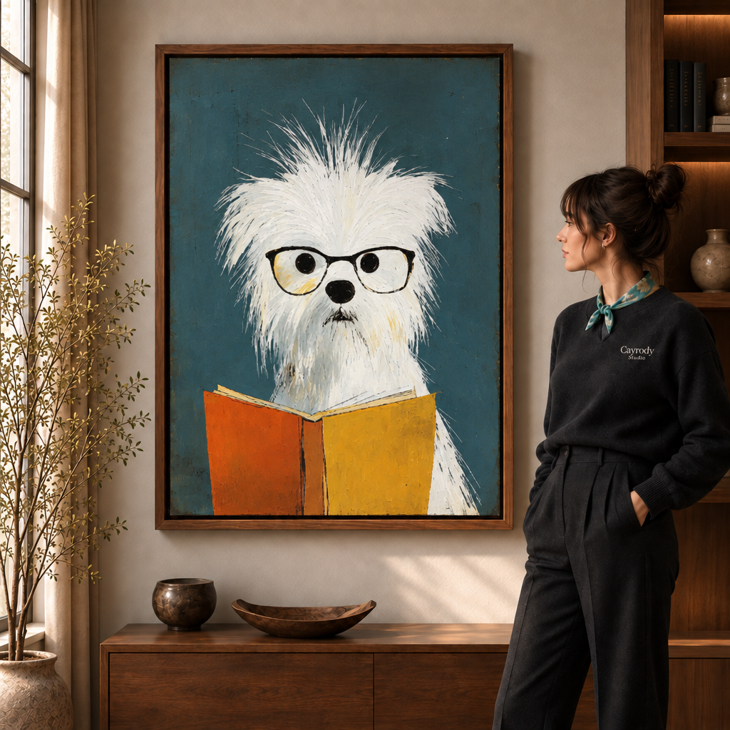 Whimsical dog reading canvas wall art displayed in a warm living rooml.