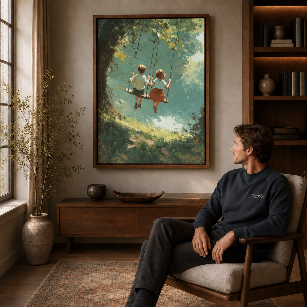 Man relaxing in a mid-century armchair beside a large framed canvas of children swinging in the woods.