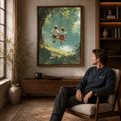 Man relaxing in a mid-century armchair beside a large framed canvas of children swinging in the woods.