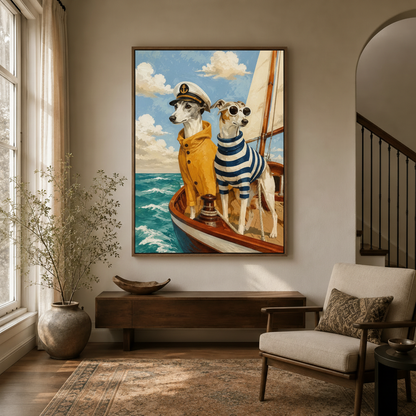 Whimsical greyhound canvas art in framed print displayed in a warm entryway with wooden console