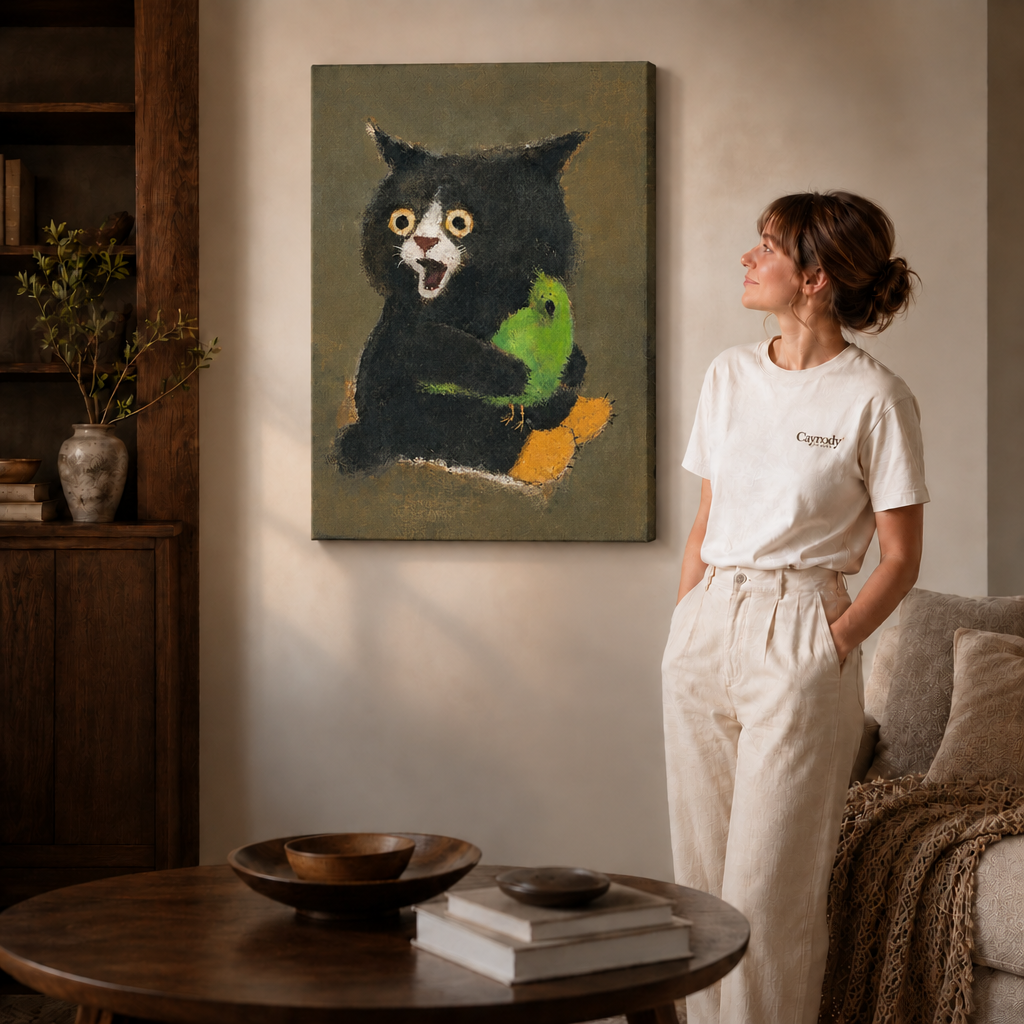 Gallery-wrapped canvas features a textured black cat holding a vivid green bird on an olive background.
