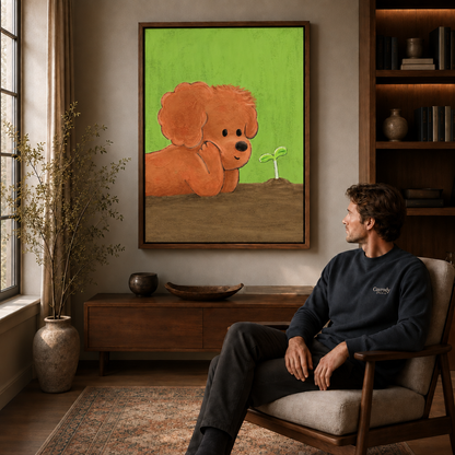 Walnut-framed whimsical poodle puppy canvas above a wooden credenza beside a sunlit window.