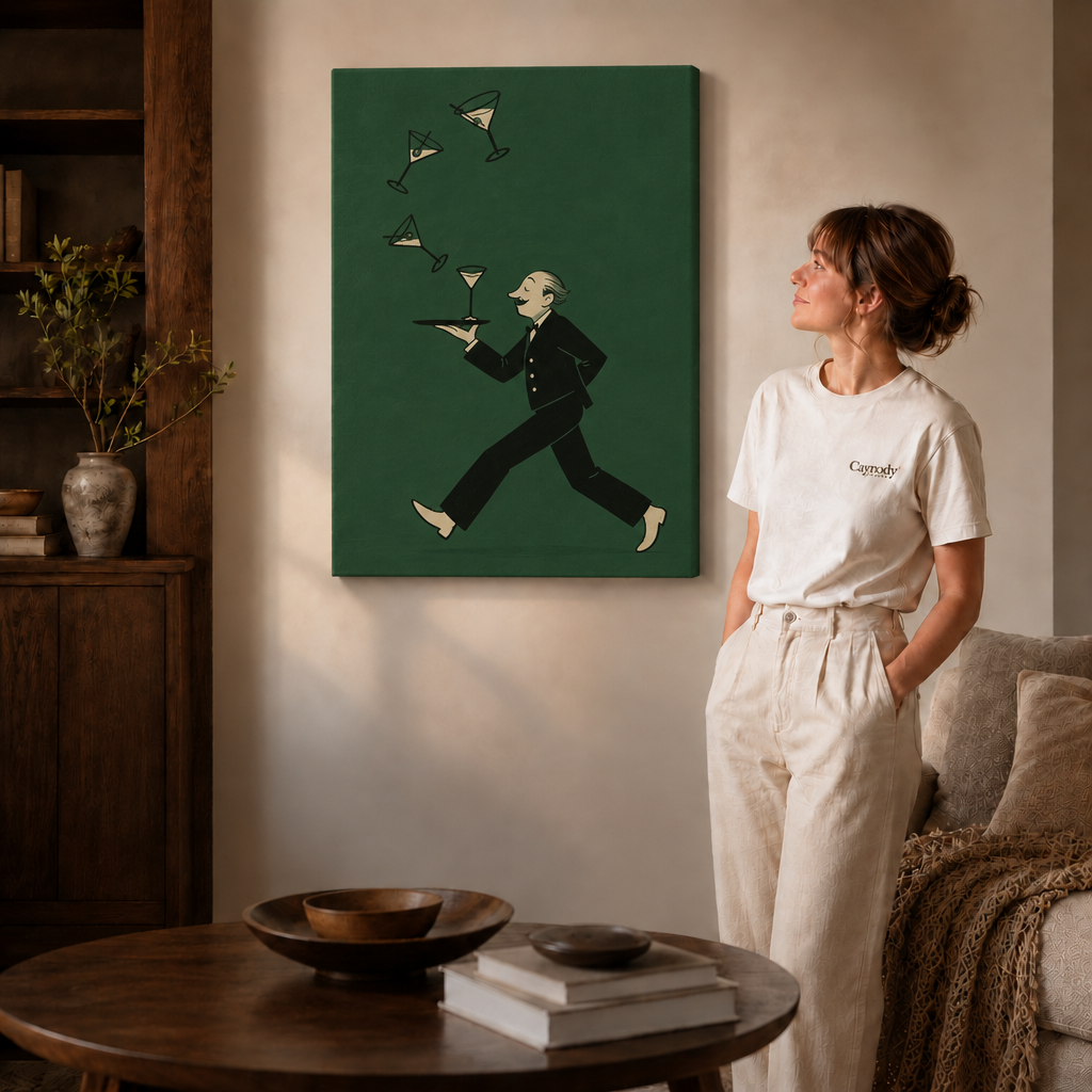 Frameless gallery-wrap canvas of a retro martini waiter styled beside a round wood side table