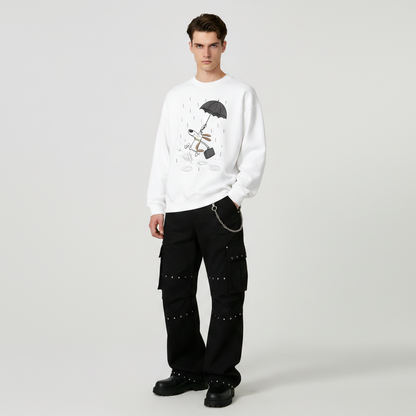 Dog Running Rain Umbrella Cartoon Crewneck C1139