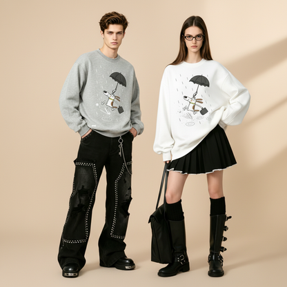 Dog Running Rain Umbrella Cartoon Crewneck C1139