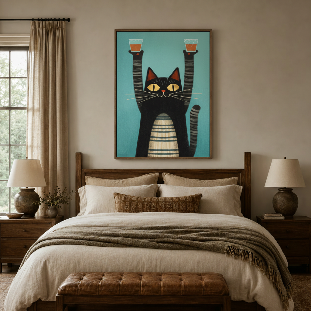 Quirky black cat raising whiskey glasses canvas print above wood-frame bed in cozy bedroom