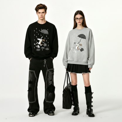 Dog Running Rain Umbrella Cartoon Crewneck C1139