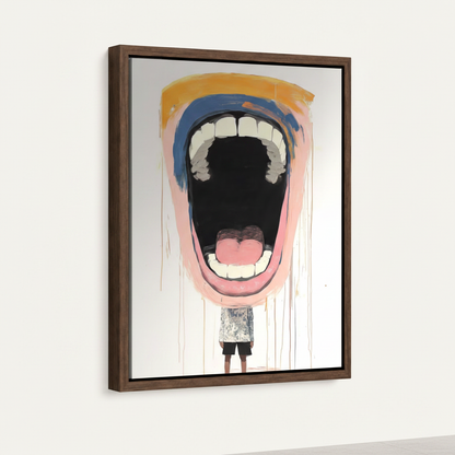 Framed canvas close-up of surrealist open-mouth figure with blue amber and pink brushstrokes on white background