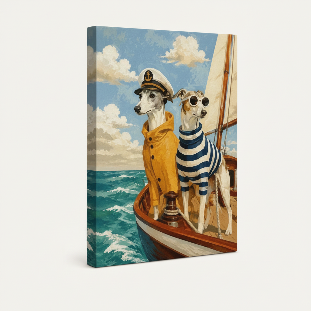Gallery-wrapped greyhound dog canvas print shown at angle on clean white background