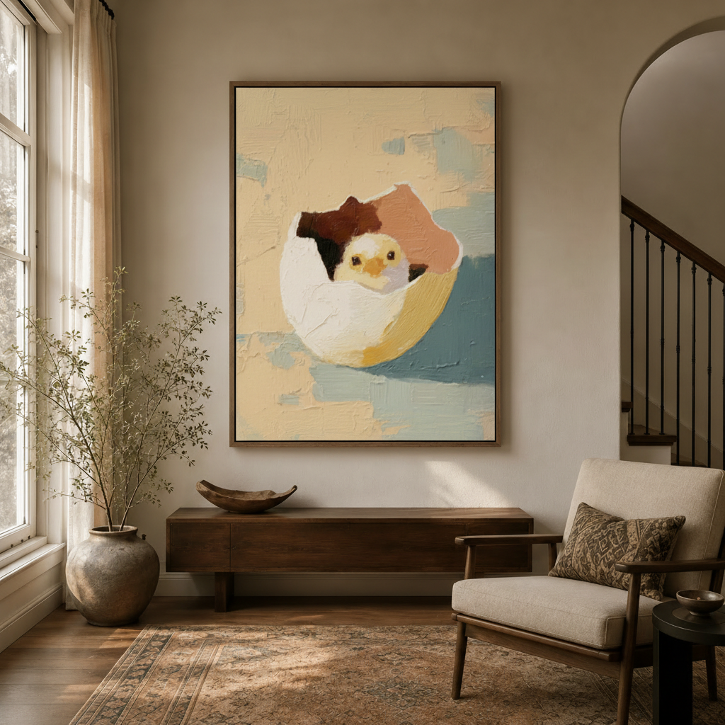Hatching chick oil painting canvas wall art framed above a wooden console in a warm neutral entryway