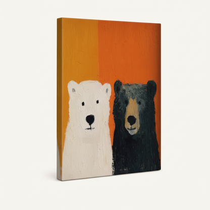 Gallery-wrapped bear oil painting canvas side view showing painterly texture and bold orange tones