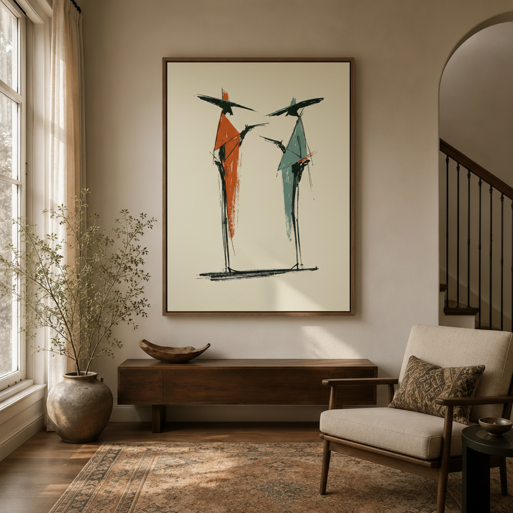 Abstract figure canvas print in walnut float frame above wooden console in warm neutral entryway with arched doorway