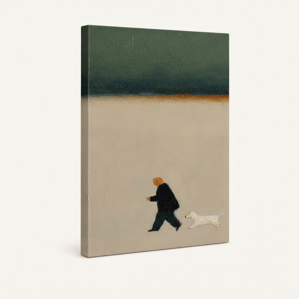 Gallery-wrapped minimalist dog canvas with thick wrapped edges showing small figure and white dog on cream ground