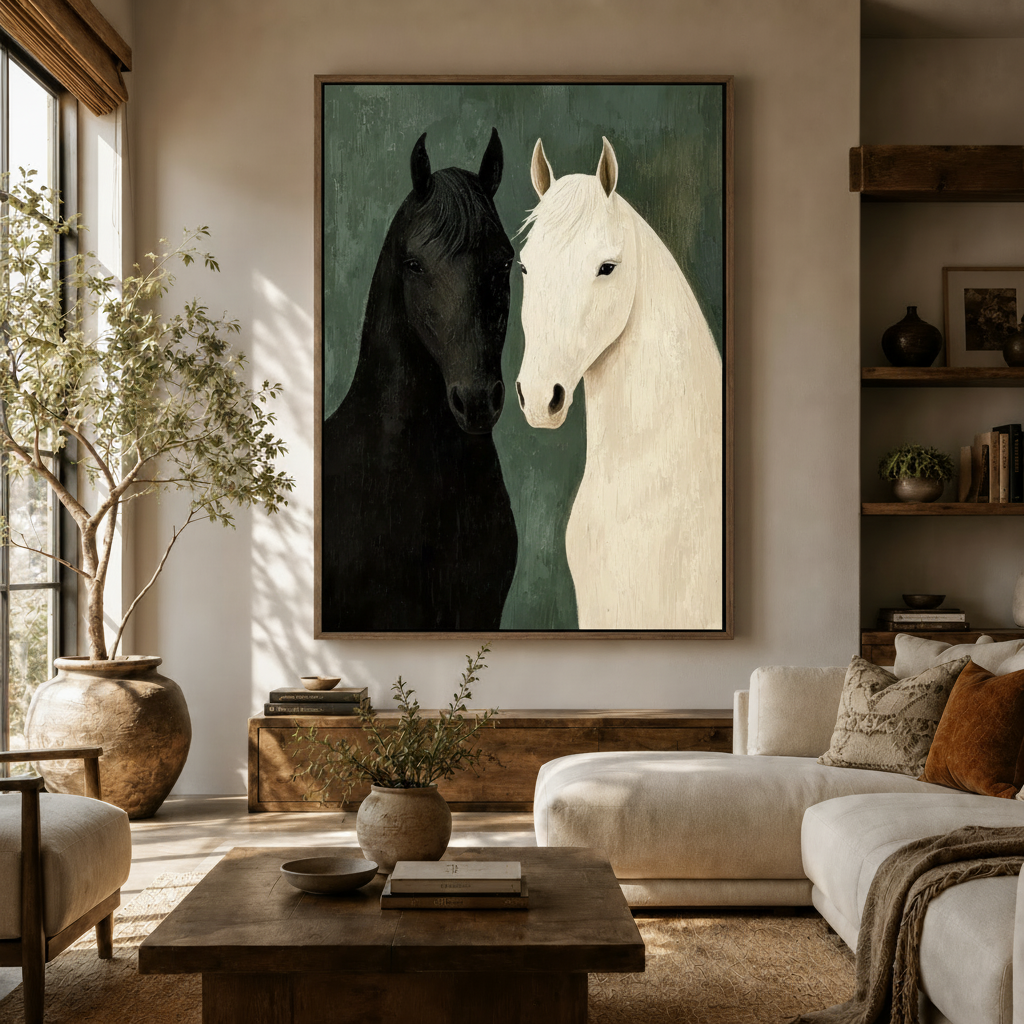 Large equestrian portrait canvas with black and white horses on deep green above white farmhouse sofa