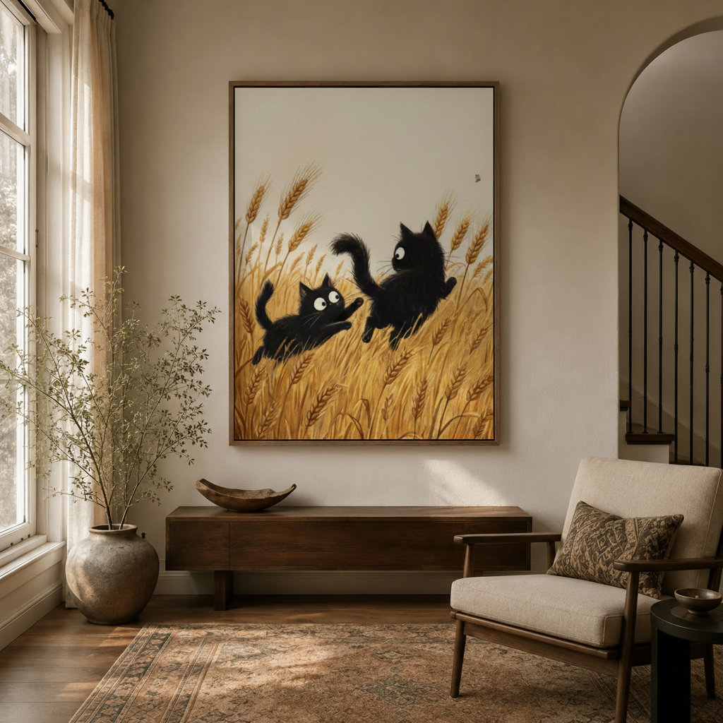Two playful black cats chasing through golden wheat field canvas print displayed in warm neutral entryway