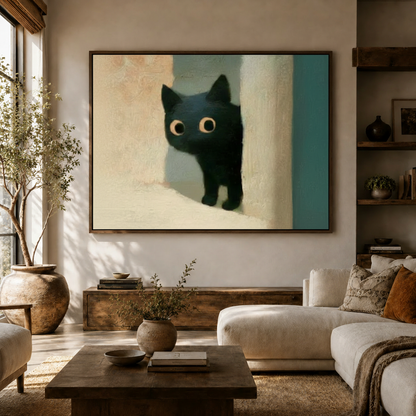Framed black cat wall art hanging in a cozy boho living room with cream sofa