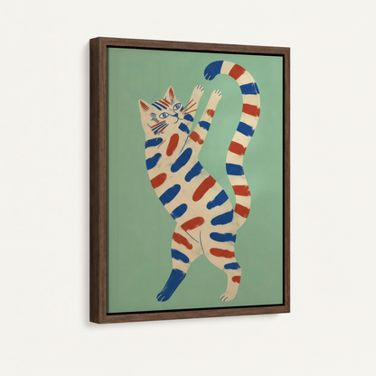 Framed canvas close-up of whimsical striped cat illustration on sage green background angled product view