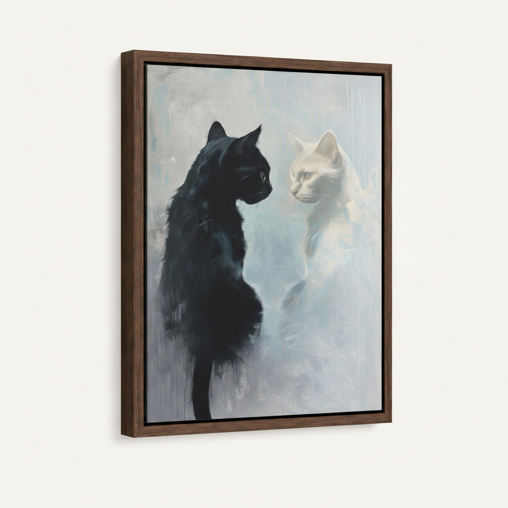 Framed canvas close-up showing black cat facing white cat on misty blue-grey with walnut frame