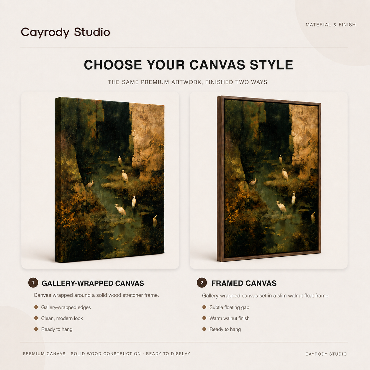 Cayrody Studio canvas style comparison chart showing gallery-wrapped and framed canvas options side by side