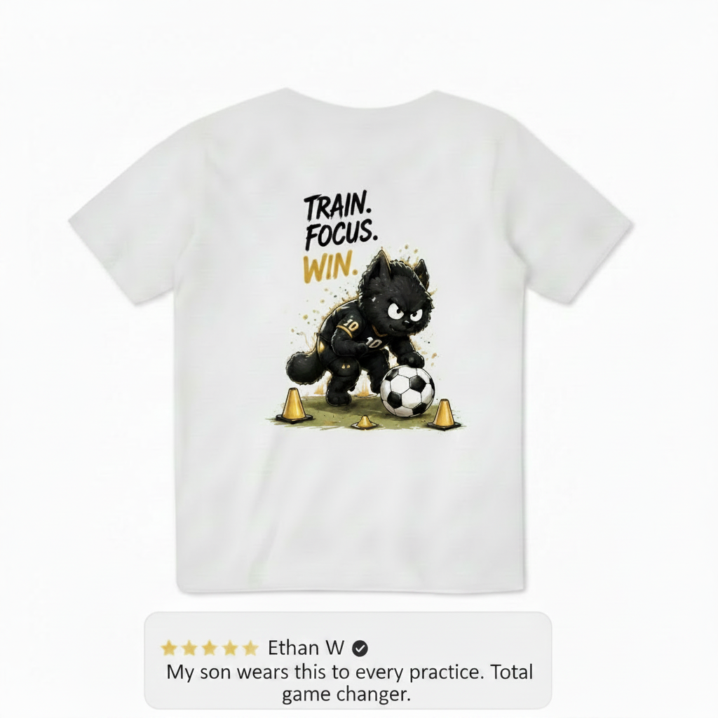 Train Focus Win King Cat Soccer Graphic Tee