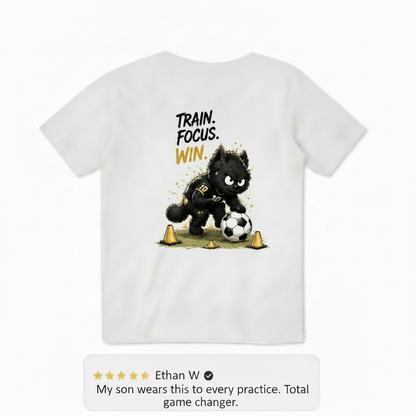 Train Focus Win King Cat Soccer Graphic Tee