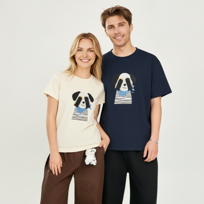 Cute Panda Face Dog Stripe Blue Scarf Tee T7087
