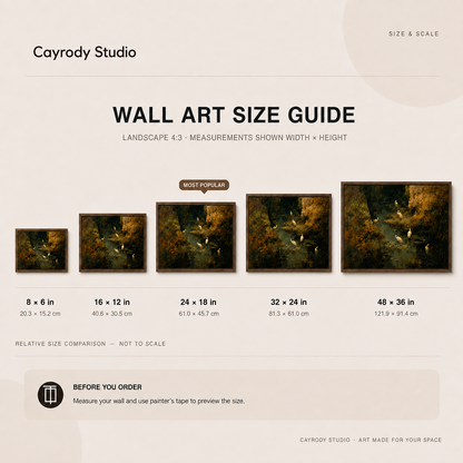 Cayrody Studio wall art size guide displaying egret canvas print across five sizes from small to extra large