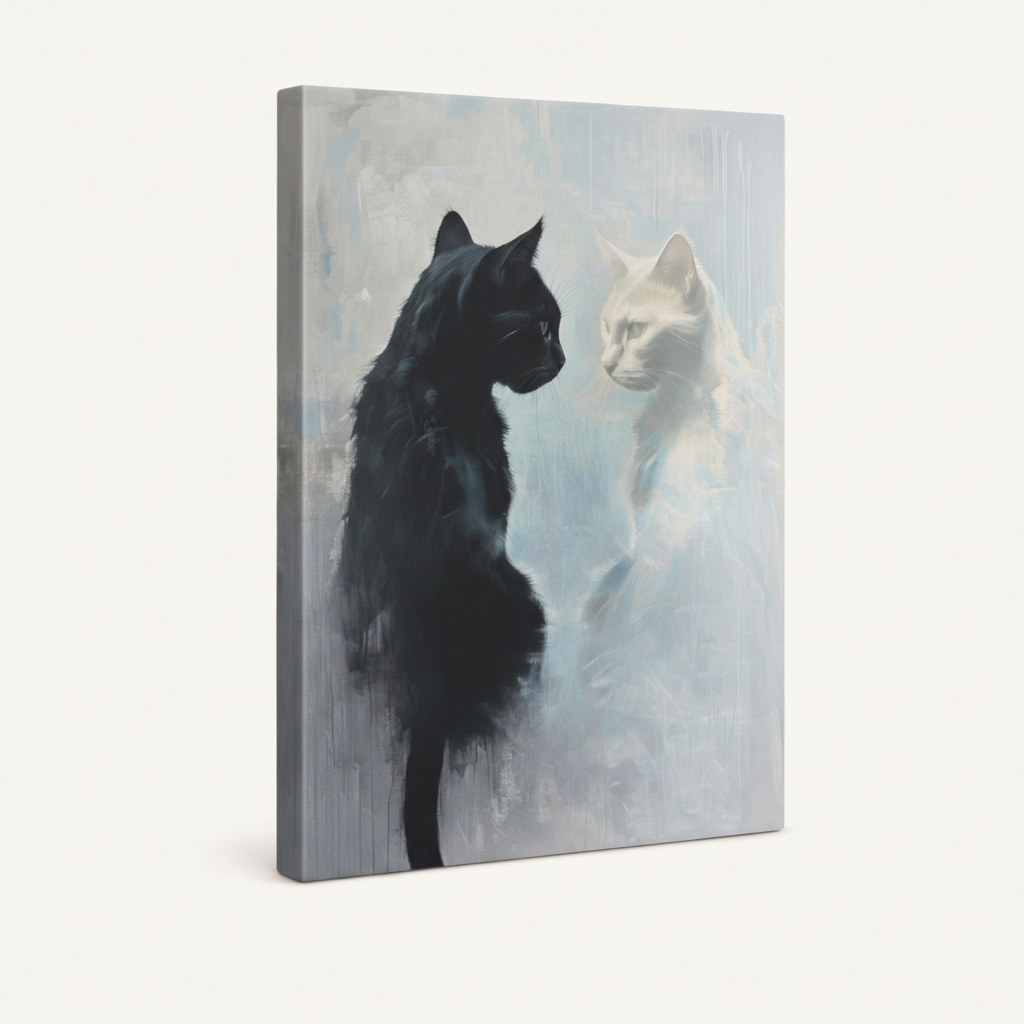 Gallery-wrapped canvas side view of moody black and white cat oil painting on soft grey ground