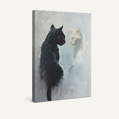 Gallery-wrapped canvas side view of moody black and white cat oil painting on soft grey ground