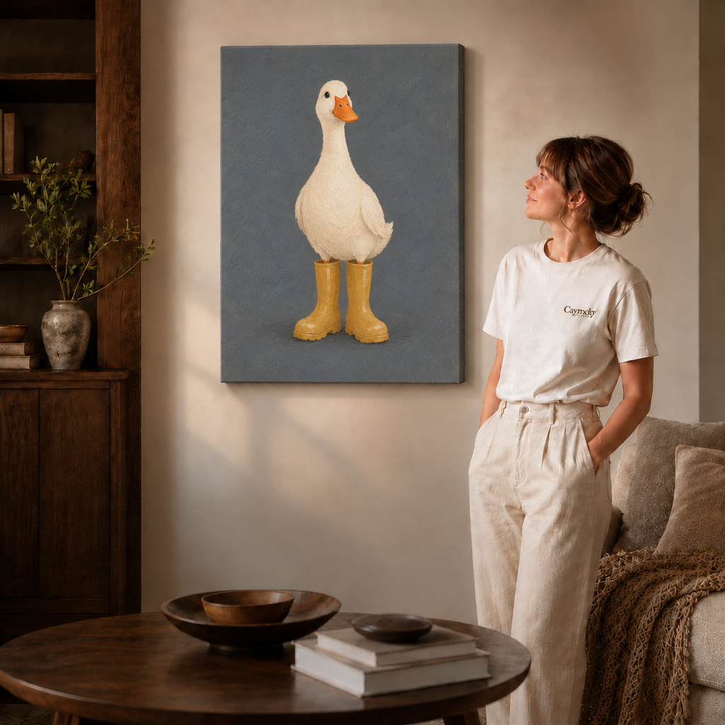 Frameless gallery-wrap canvas of a duck in yellow boots styled beside a round wood side table