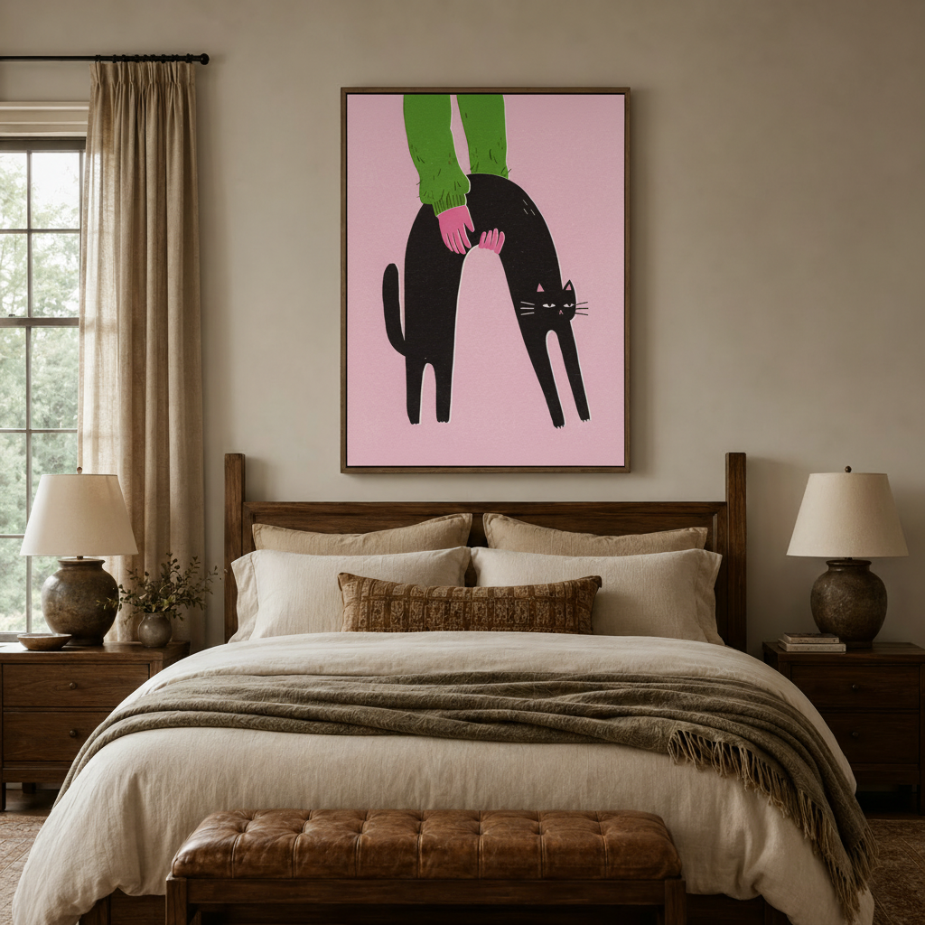 Pop art black cat canvas print above a wood-frame bed in a cozy earth-tone bedroom