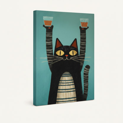Gallery-wrapped canvas side view of bold funny cat holding drinks illustration on teal ground