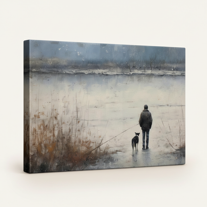 Gallery-wrapped man and dog winter canvas side view with icy blue and frosted white edge wrap