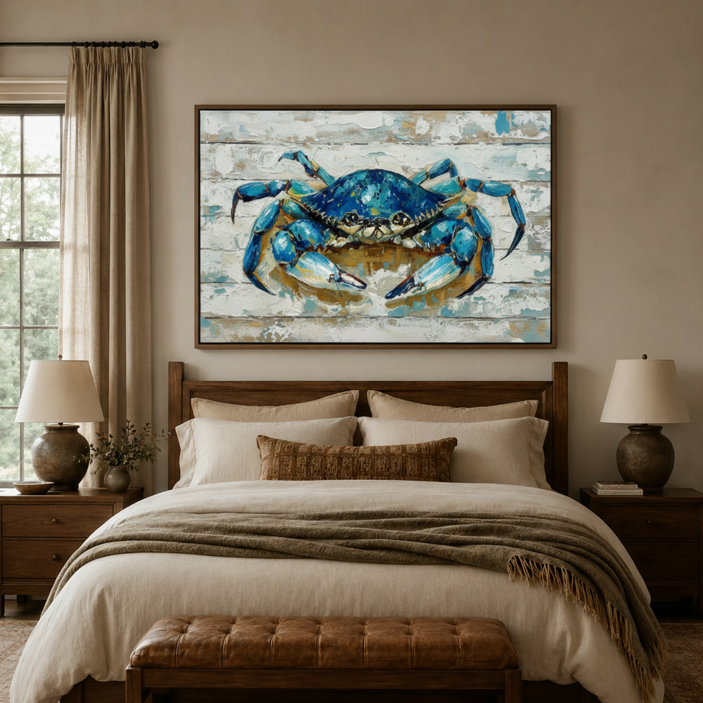 Impasto blue crab painting framed in walnut float frame above rustic bedroom headboard
