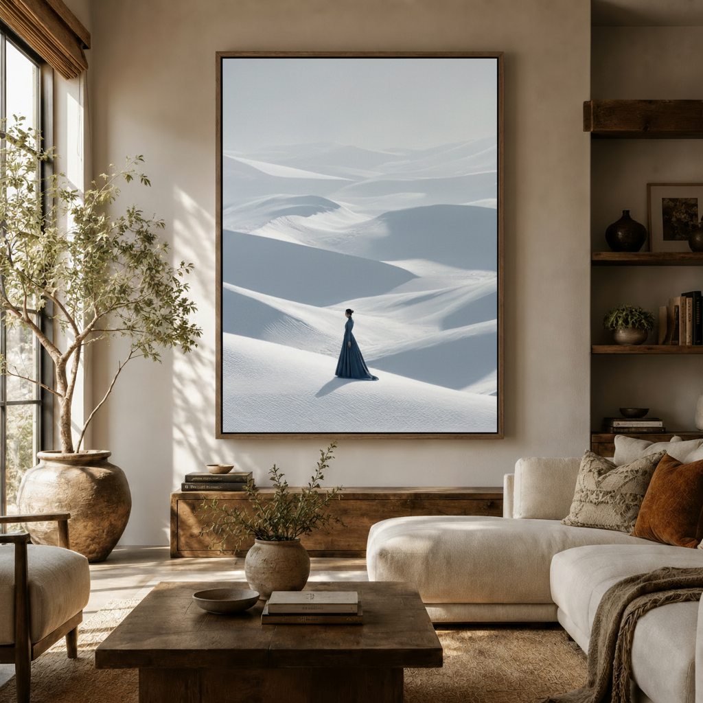 Solitude canvas wall art of woman in white dunes hung above living room sofa in boho setting