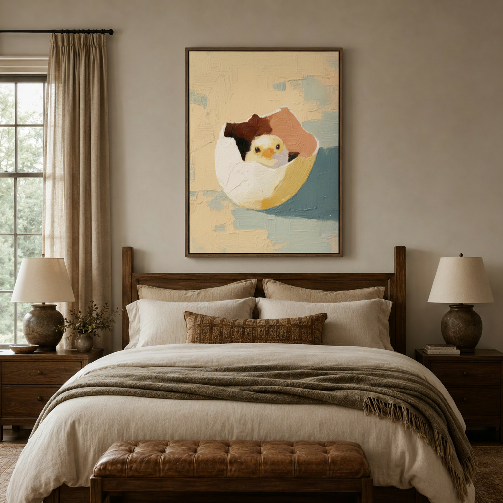Whimsical hatching chick canvas wall art above a wood-framed bed in a cozy neutral bedroom