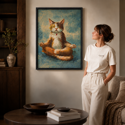 Framed zen cat wall art shown close up with a white-clad model in a modern living space.